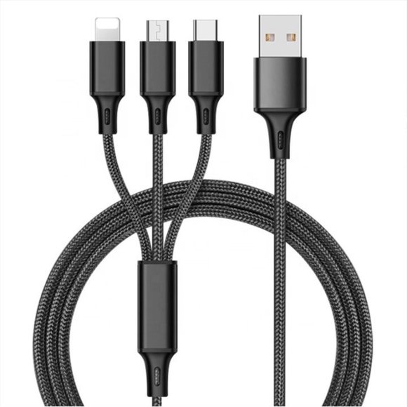 Black 3 In 1 Fast Usb Charging Cable for iPhone, Android Type C and Micro USB - Picture 1 of 2